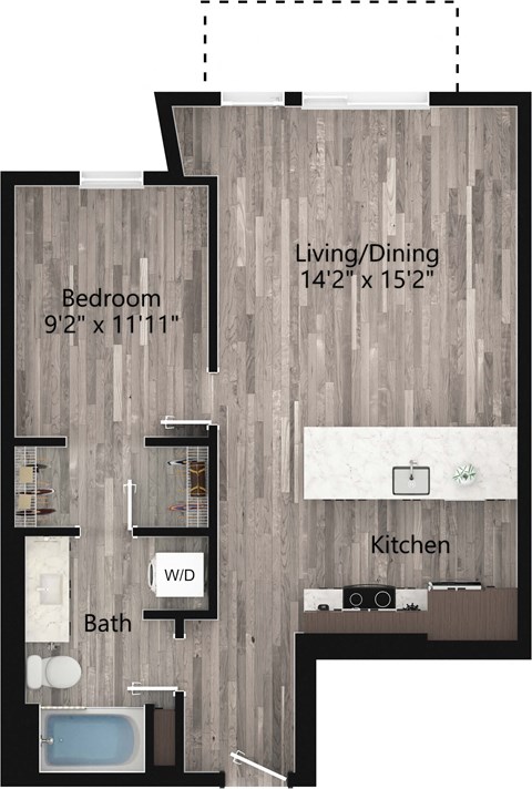 Floor plan for 1 bed, 1 bath, 712 sqft
